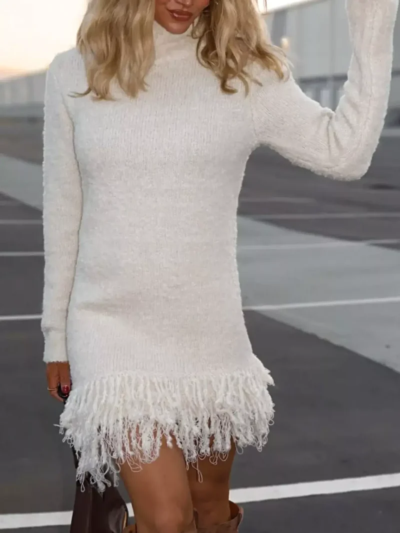 Elegante sweaterjurk met franjes, col, lange mouwen en zachte, elastische gebreide stof.