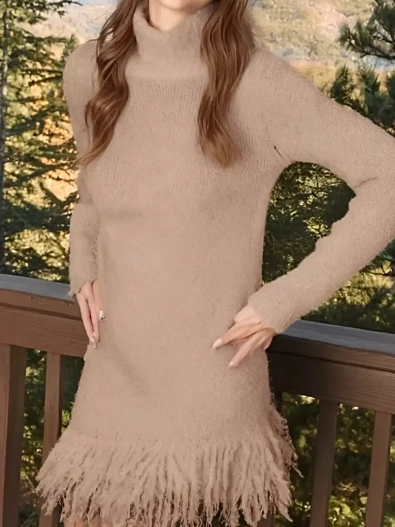 Elegante sweaterjurk met franjes, col, lange mouwen en zachte, elastische gebreide stof.