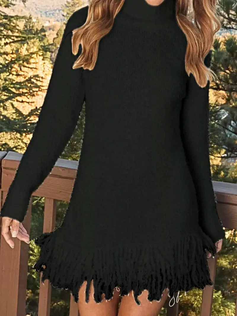 Elegante sweaterjurk met franjes, col, lange mouwen en zachte, elastische gebreide stof.