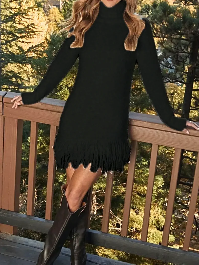 Elegante sweaterjurk met franjes, col, lange mouwen en zachte, elastische gebreide stof.