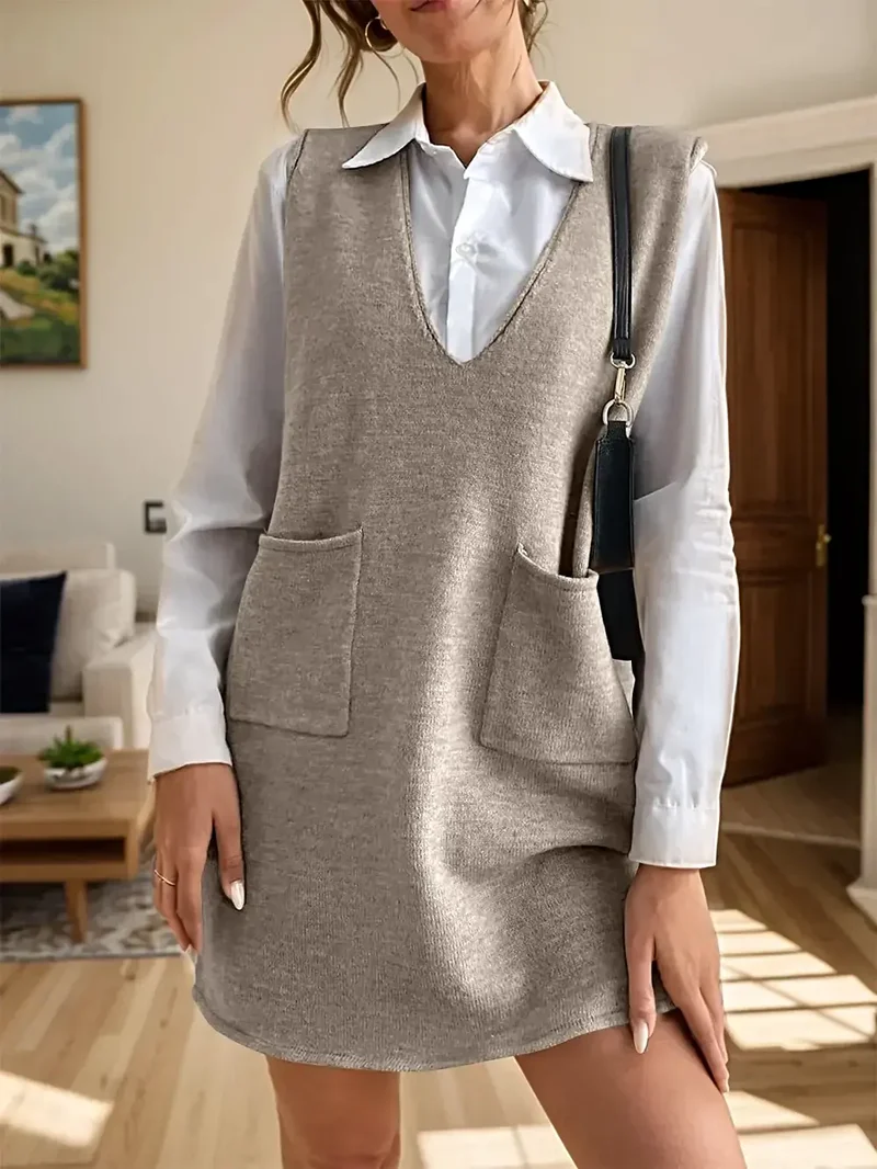 Mouwloze sweaterjurk met V-hals en zakken voor dames - Zachte, elastische acryl gebreide stof
