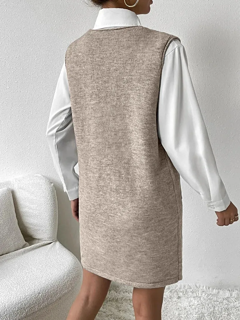 Mouwloze sweaterjurk met V-hals en zakken voor dames - Zachte, elastische acryl gebreide stof