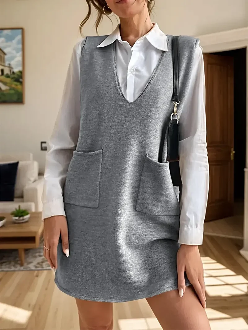Mouwloze sweaterjurk met V-hals en zakken voor dames - Zachte, elastische acryl gebreide stof