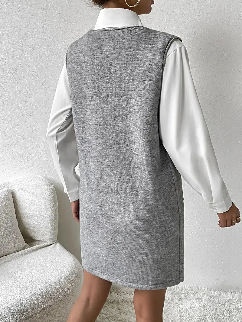 Mouwloze sweaterjurk met V-hals en zakken voor dames - Zachte, elastische acryl gebreide stof
