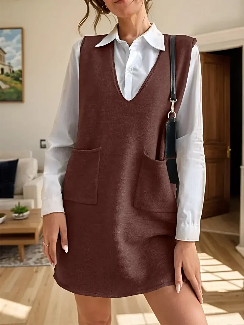 Mouwloze sweaterjurk met V-hals en zakken voor dames - Zachte, elastische acryl gebreide stof