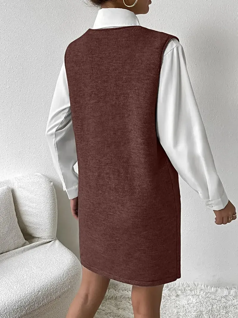 Mouwloze sweaterjurk met V-hals en zakken voor dames - Zachte, elastische acryl gebreide stof