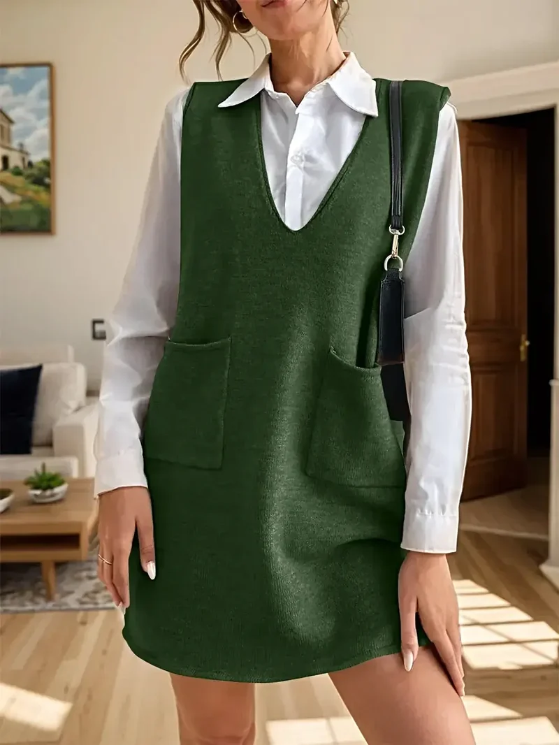 Mouwloze sweaterjurk met V-hals en zakken voor dames - Zachte, elastische acryl gebreide stof