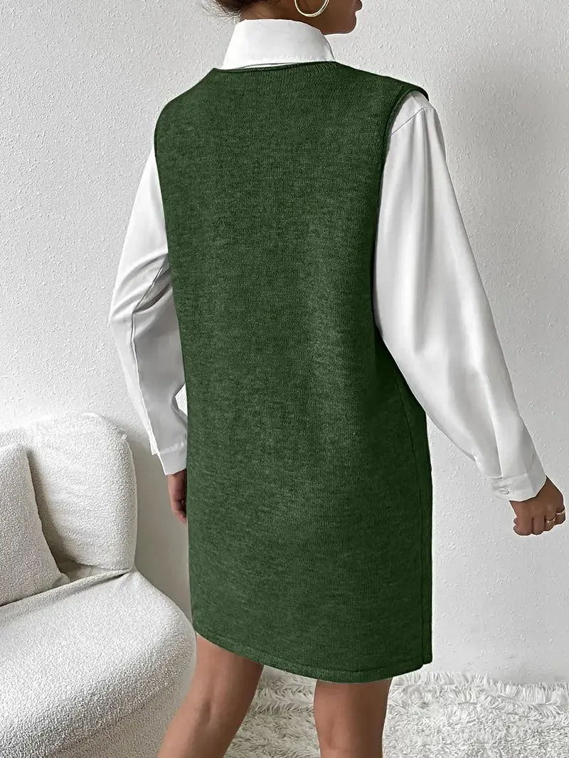 Mouwloze sweaterjurk met V-hals en zakken voor dames - Zachte, elastische acryl gebreide stof