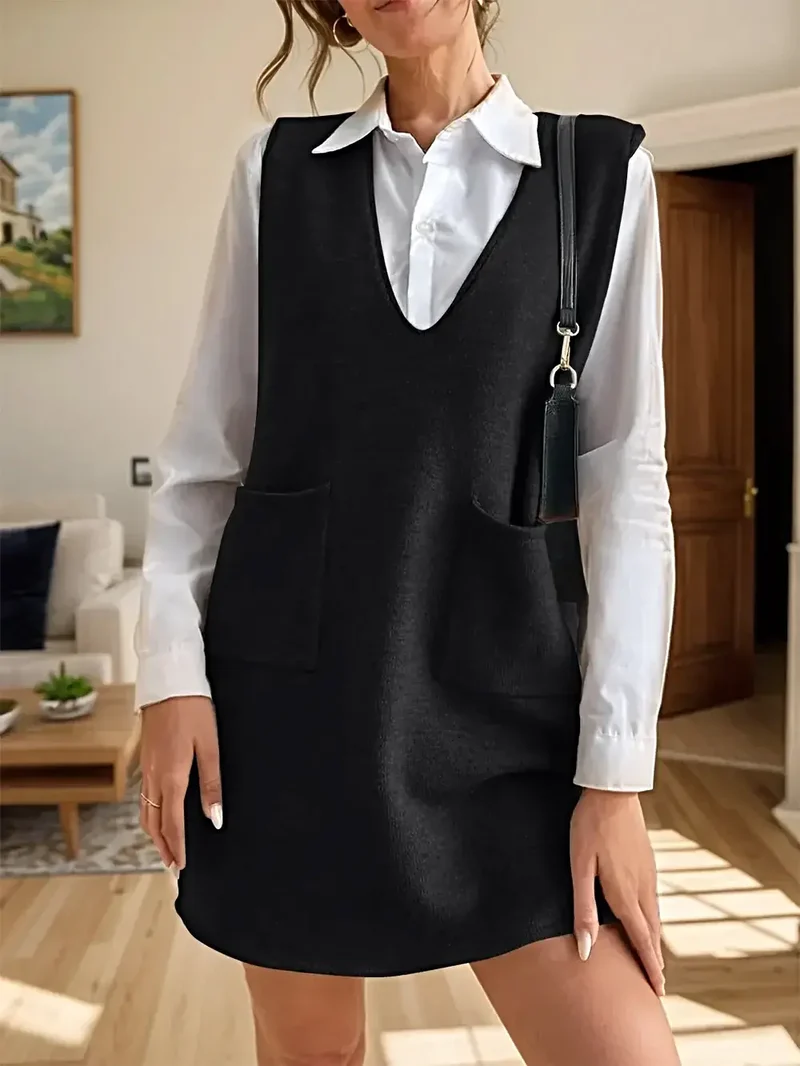 Mouwloze sweaterjurk met V-hals en zakken voor dames - Zachte, elastische acryl gebreide stof