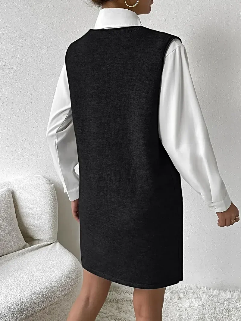Mouwloze sweaterjurk met V-hals en zakken voor dames - Zachte, elastische acryl gebreide stof