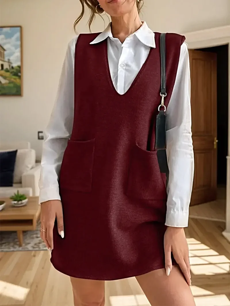 Mouwloze sweaterjurk met V-hals en zakken voor dames - Zachte, elastische acryl gebreide stof