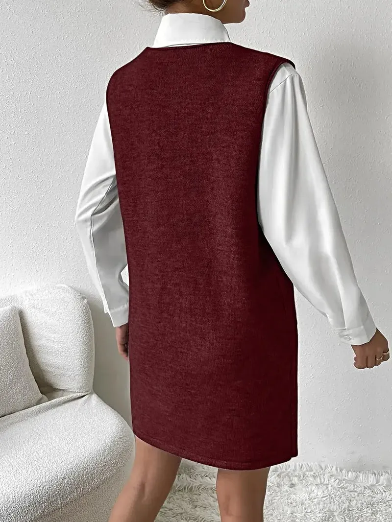Mouwloze sweaterjurk met V-hals en zakken voor dames - Zachte, elastische acryl gebreide stof