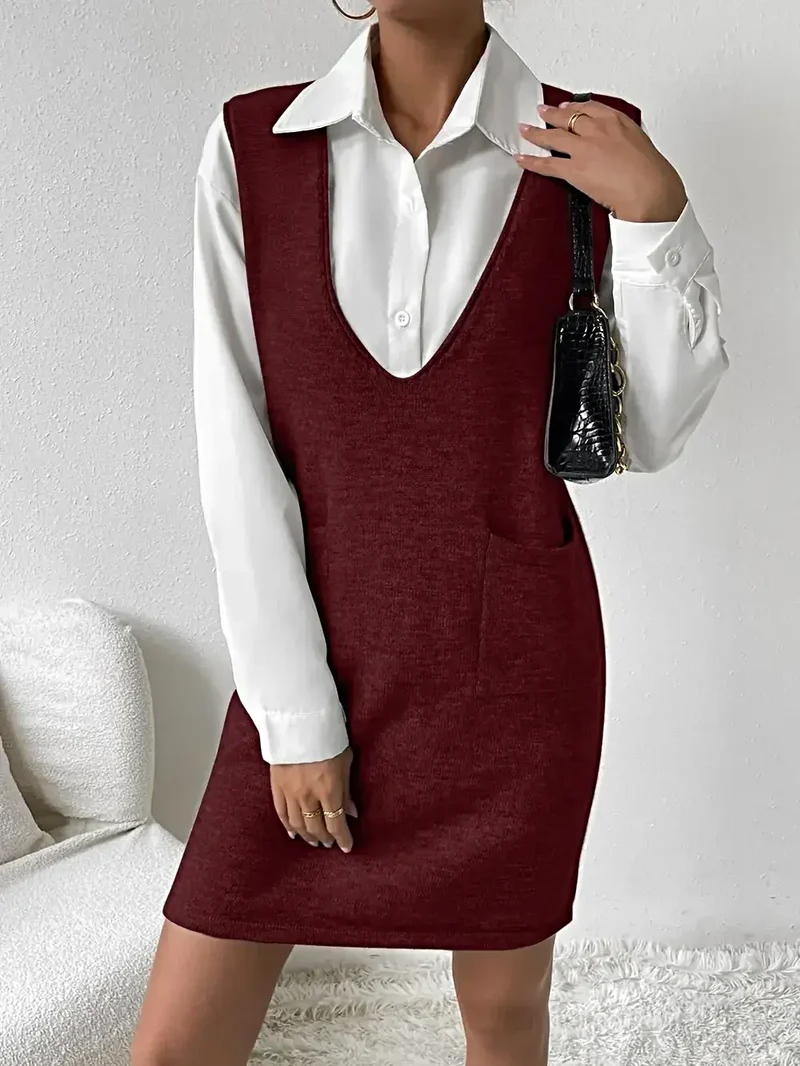Mouwloze sweaterjurk met V-hals en zakken voor dames - Zachte, elastische acryl gebreide stof