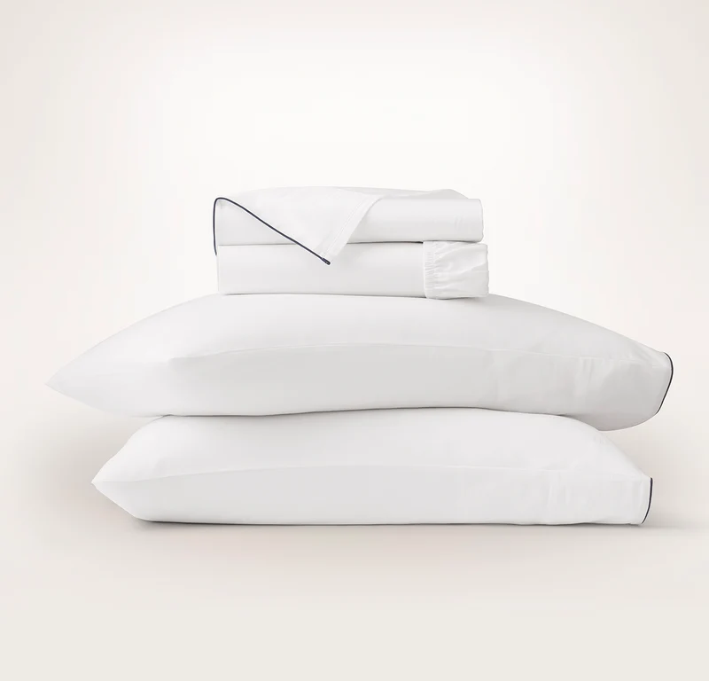 Signature Embellished Sheet Set - White/Coastal Navy Piped Edge
