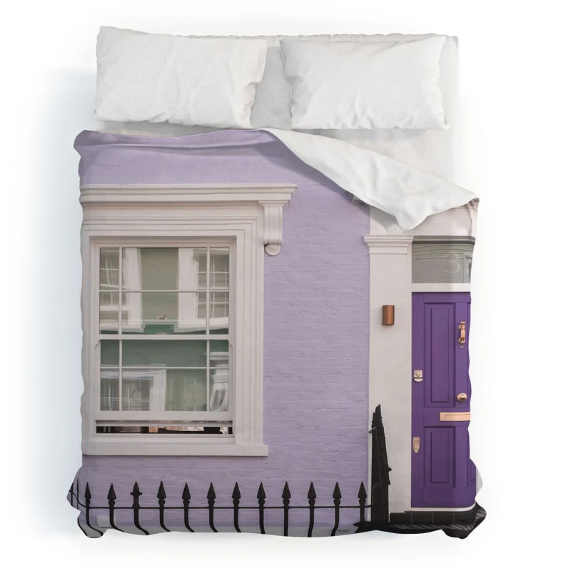 London England I Pastel violet facade and door of a Victorian architecture house in Notting Hill Duvet Cover