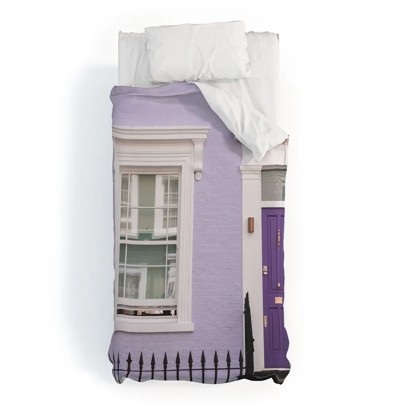 London England I Pastel violet facade and door of a Victorian architecture house in Notting Hill Duvet Cover