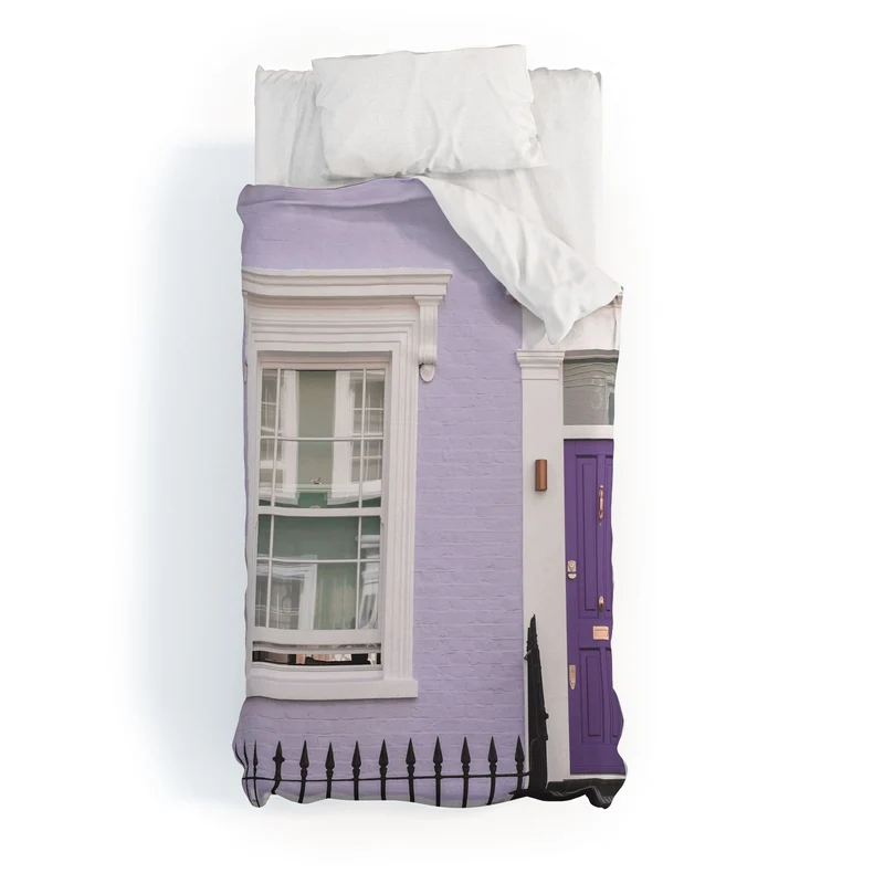 London England I Pastel violet facade and door of a Victorian architecture house in Notting Hill Duvet Cover