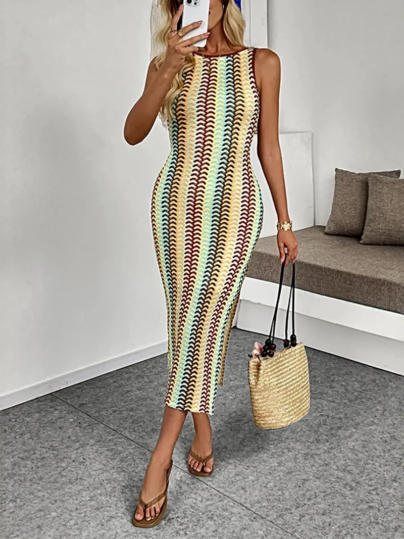 Mouwloze sweaterjurk met chevronstrepen, zijsplit, licht elastisch, elegante midi-lengte