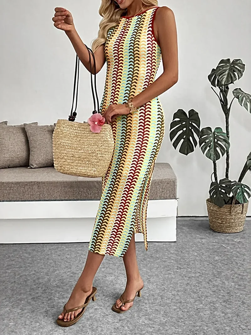Mouwloze sweaterjurk met chevronstrepen, zijsplit, licht elastisch, elegante midi-lengte