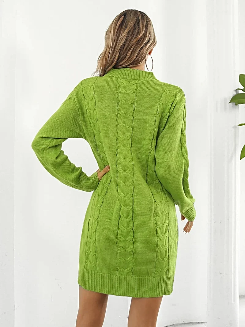 Damesjurk van kabelgebreid materiaal met ronde hals - elegante midi-jurk met lange mouwen, 100% acryl