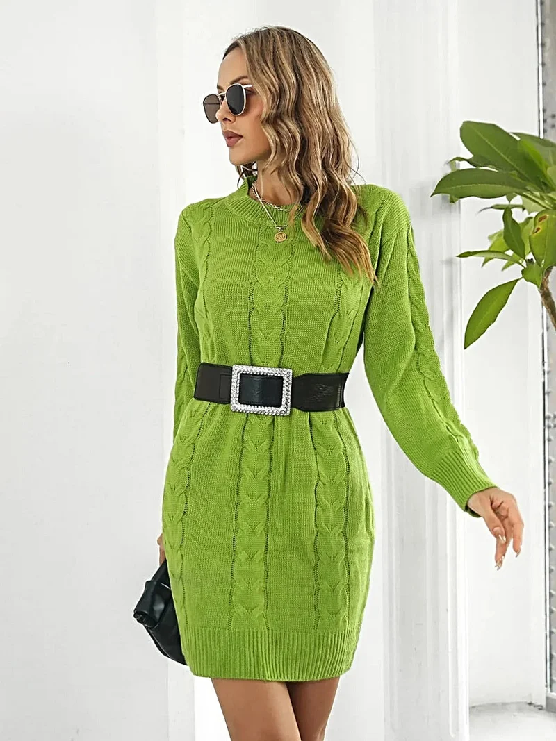 Damesjurk van kabelgebreid materiaal met ronde hals - elegante midi-jurk met lange mouwen, 100% acryl