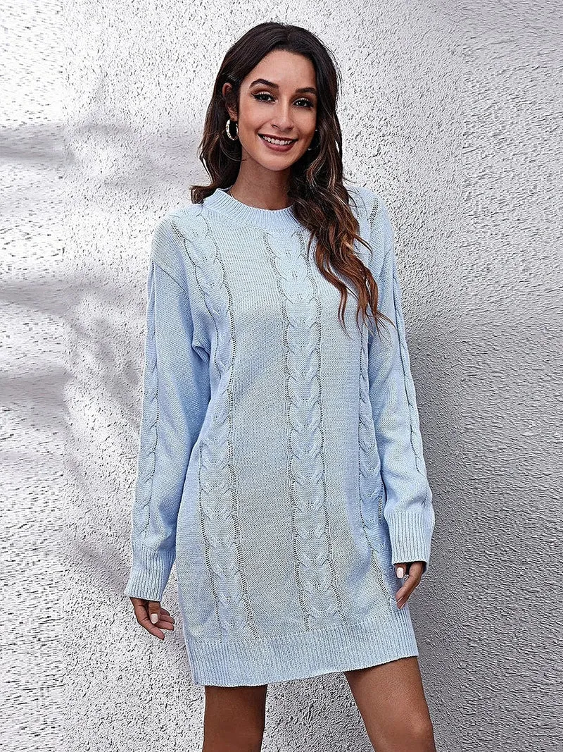 Damesjurk van kabelgebreid materiaal met ronde hals - elegante midi-jurk met lange mouwen, 100% acryl