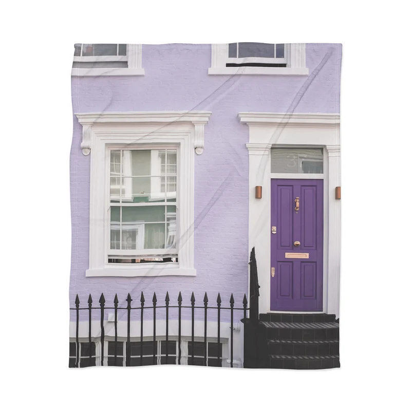 London England I Pastel violet facade and door of a Victorian architecture house in Notting Hill Throw Blanket
