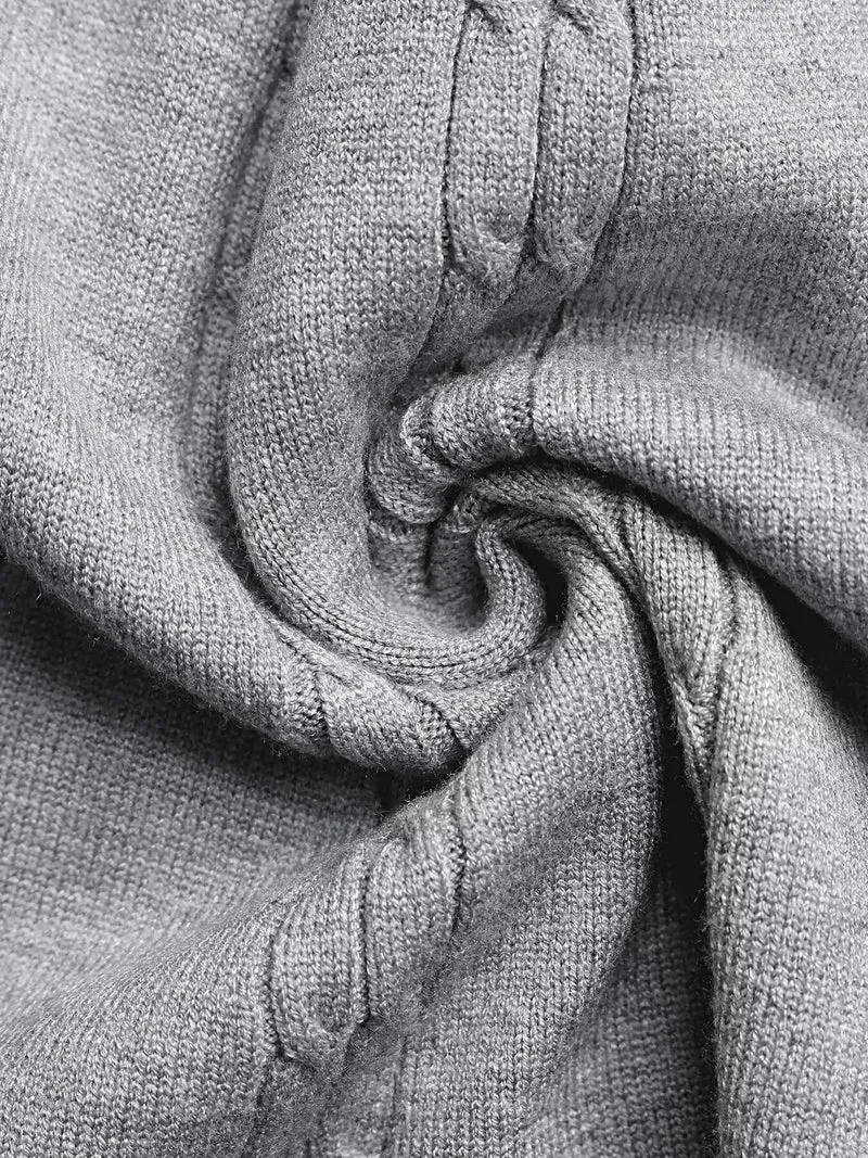 Elegante kabelgebreide A-lijn sweaterjurk met zachte stretchstof, lange mouwen en midi-lengte.