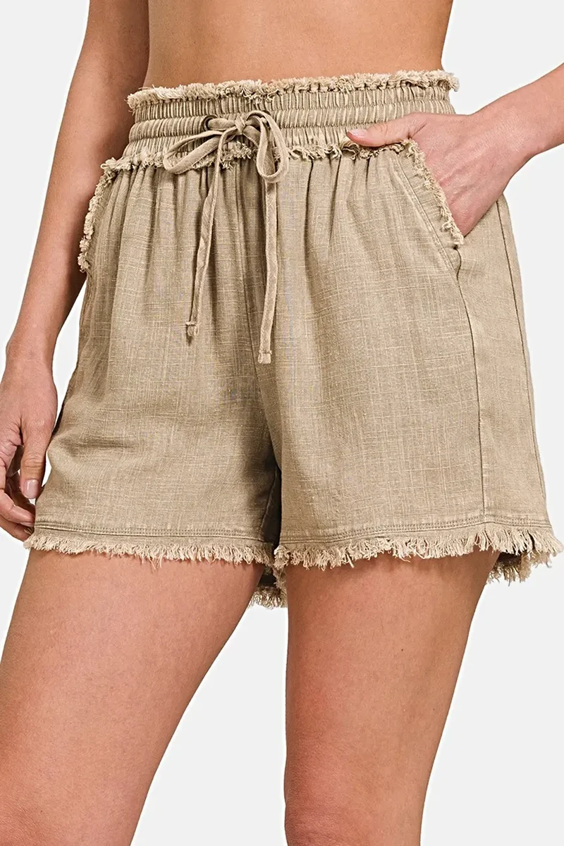 Zenana Shorts van gewassen linnen met gerafelde zoom en trekkoord