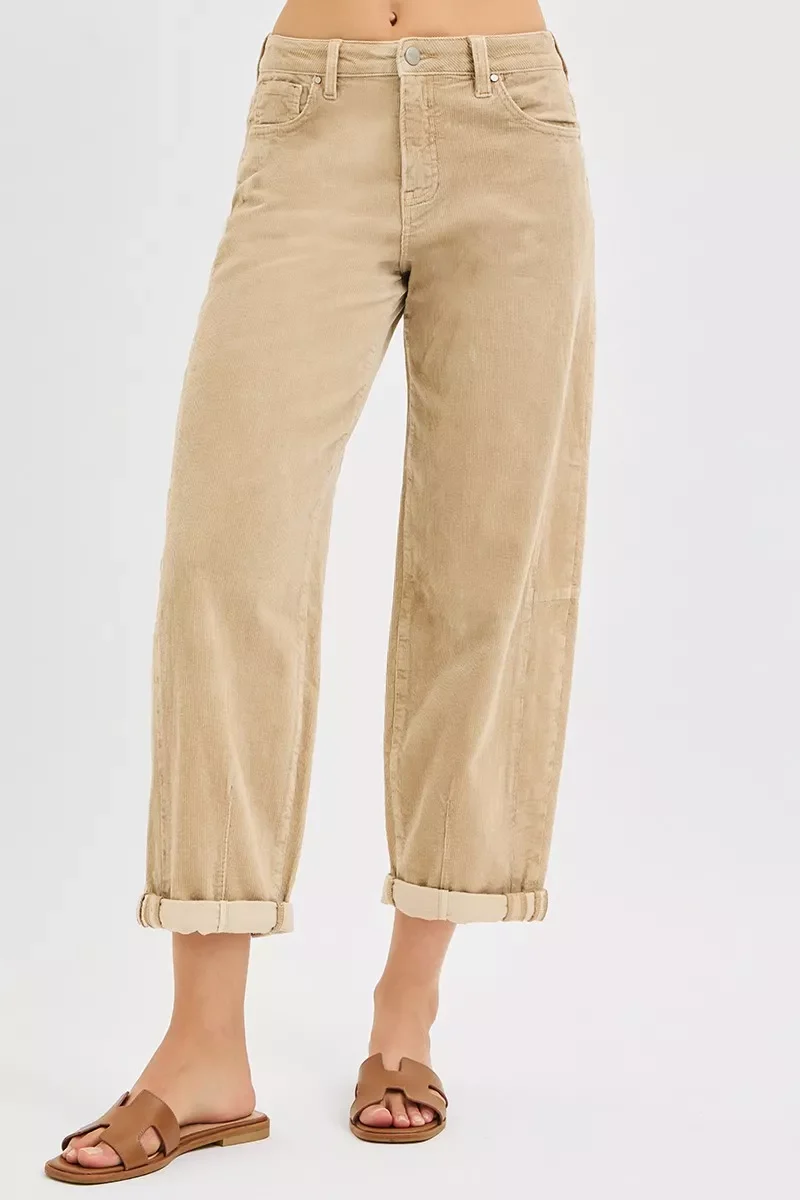 RISEN High Rise Crop Barrel Corduroy Broek