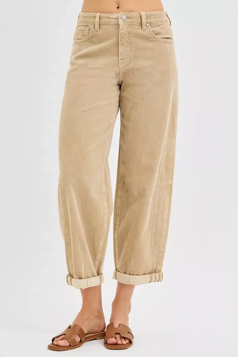 RISEN High Rise Crop Barrel Corduroy Broek