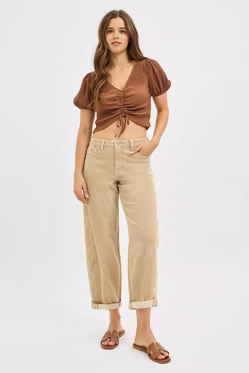 RISEN High Rise Crop Barrel Corduroy Broek