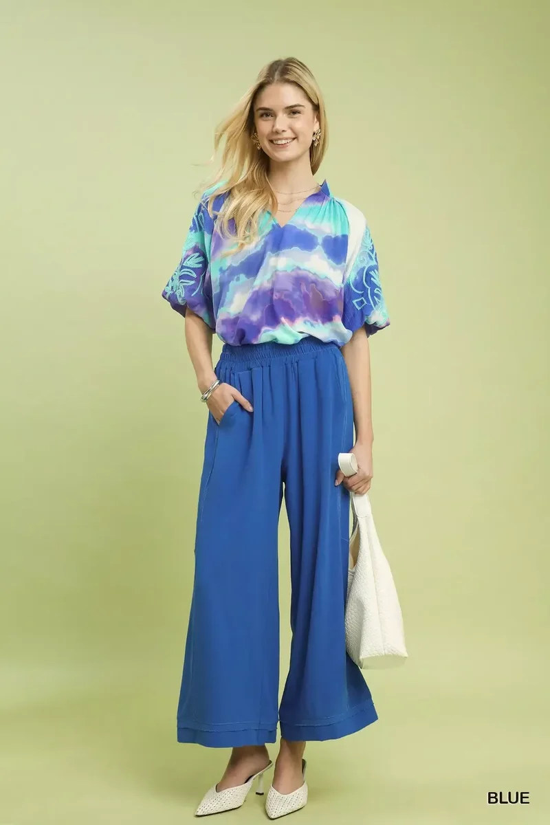Umgee linnen broek met elastische taille en wijde pijpen