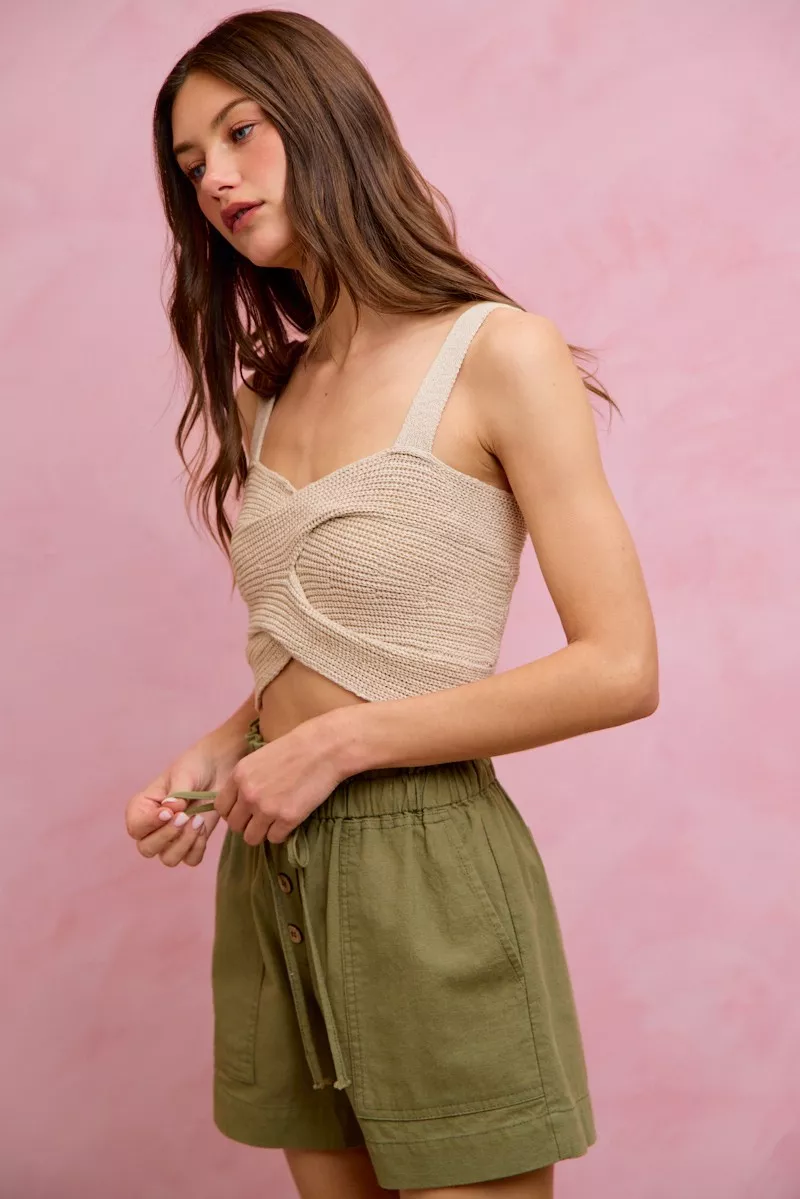 SO ME Paper Bag Patch Pocket Drawstring Twill Shorts