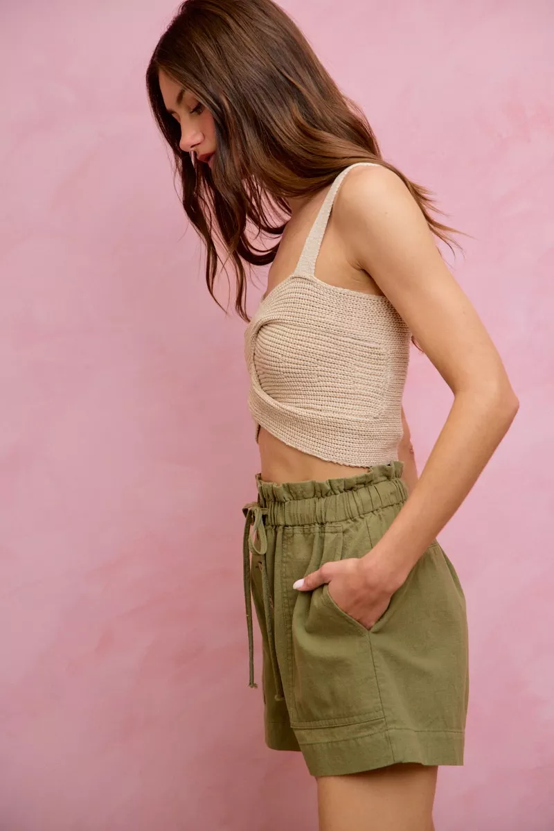 SO ME Paper Bag Patch Pocket Drawstring Twill Shorts