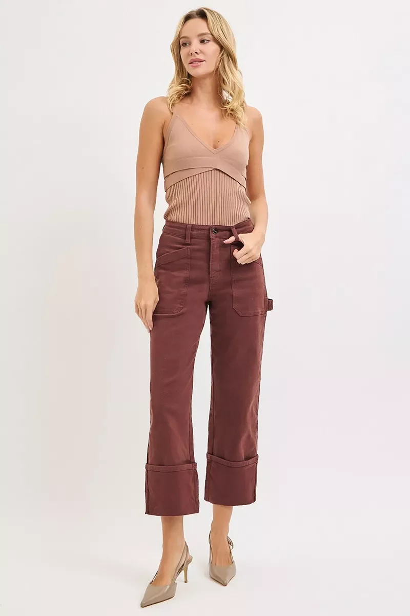 RISEN Full Size High Rise Wide Straight Cuffed Patch Jeans Plus Size