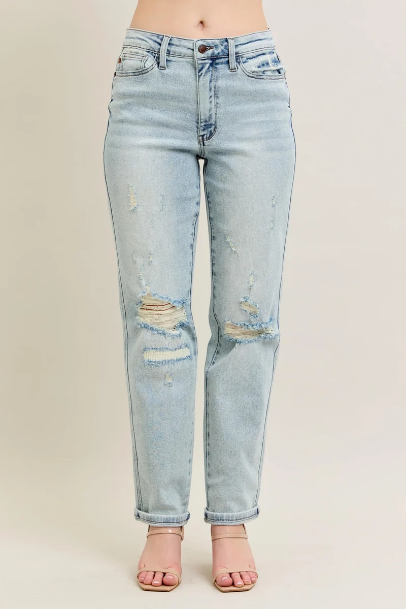 Judy Blue Full Size Mr Repair Stitch Detail Destroy Single Cuff Bf Jeans Plus Size