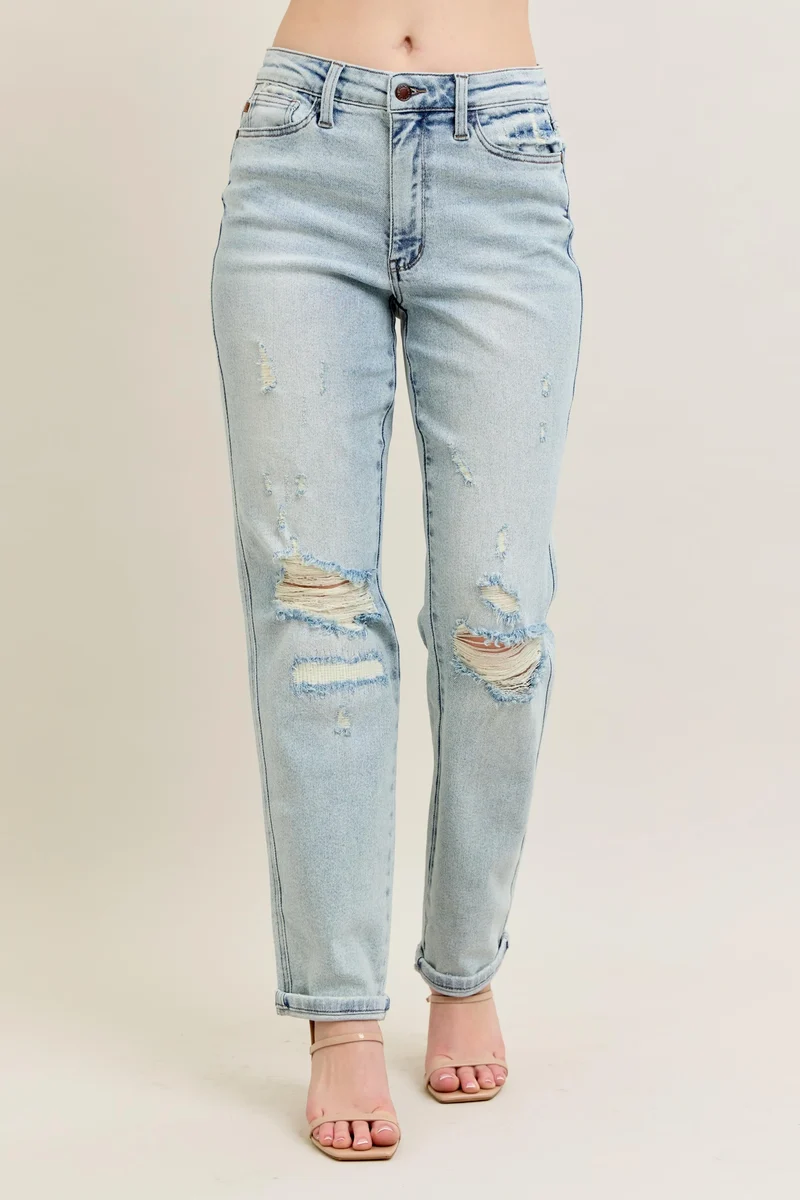 Judy Blue Full Size Mr Repair Stitch Detail Destroy Single Cuff Bf Jeans Plus Size