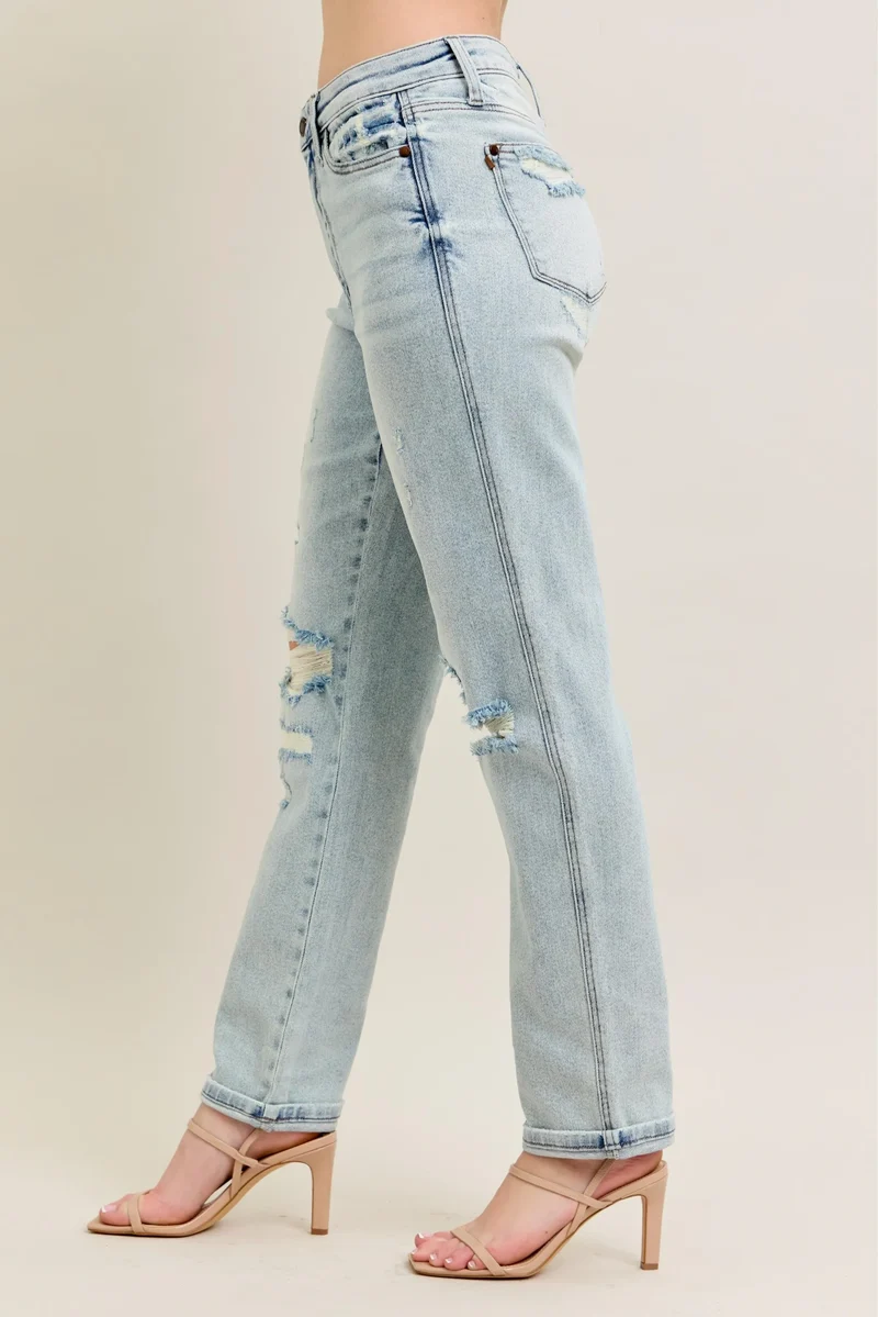 Judy Blue Full Size Mr Repair Stitch Detail Destroy Single Cuff Bf Jeans Plus Size