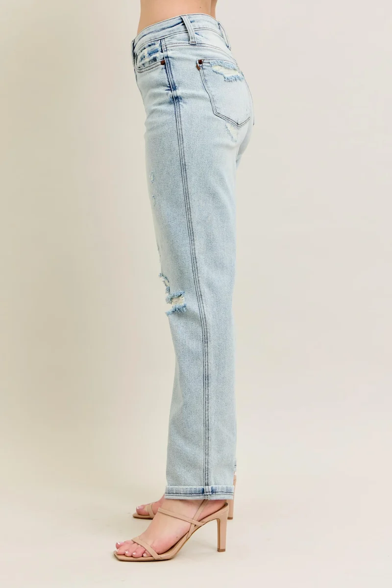 Judy Blue Full Size Mr Repair Stitch Detail Destroy Single Cuff Bf Jeans Plus Size