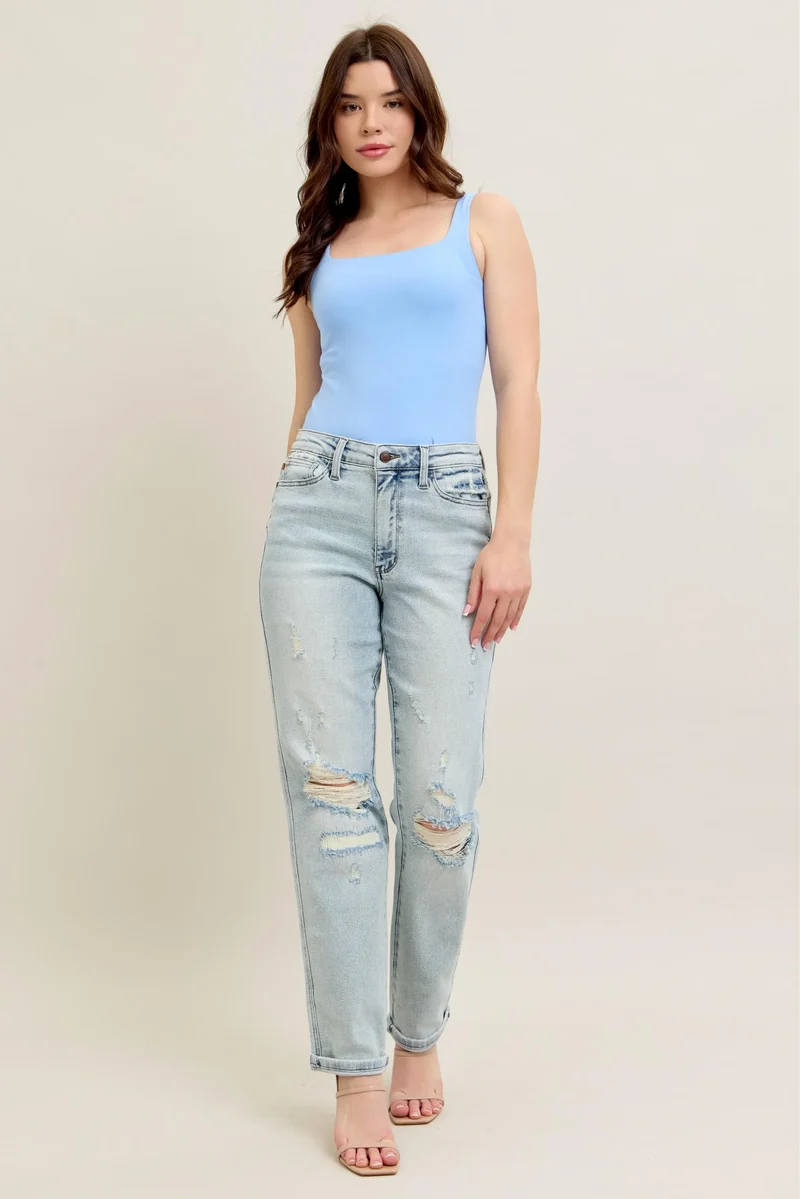 Judy Blue Full Size Mr Repair Stitch Detail Destroy Single Cuff Bf Jeans Plus Size