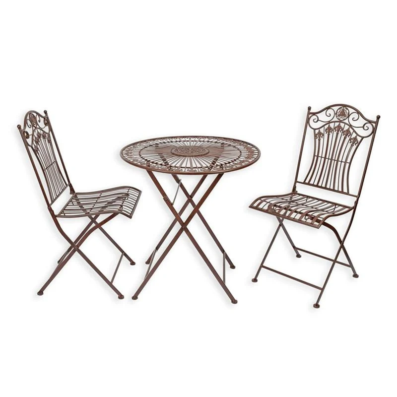 Casa Padrino Jugendstil Gartenmöbel Set Braun Tisch und 2 Stühle - Bistro Set aus Eisen - Klappbare Balkon Möbel - Gartenmöbel im Jugendstil