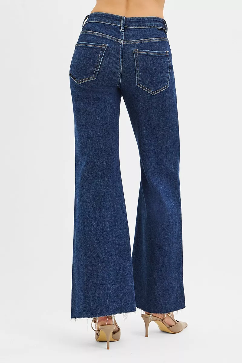 RISEN High Rise Wide Flare Jeans met leren voorzakdetails