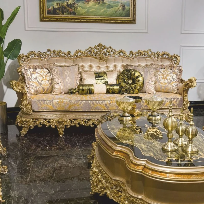Casa Padrino Luxus Barock Sofa Grau / Gold 285 cm - Prunkvolles Barock Wohnzimmer Sofa - Barock Wohnzimmer Möbel