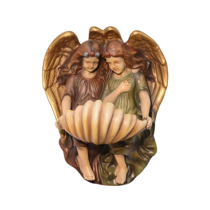 Casa Padrino Luxus Terrakotta Weihwasserbecken Zwei Engel mit Muschelschale Braun / Gold / Grün 33,7 x 42,8 cm - Wandobjekt - Sakrale Deko
