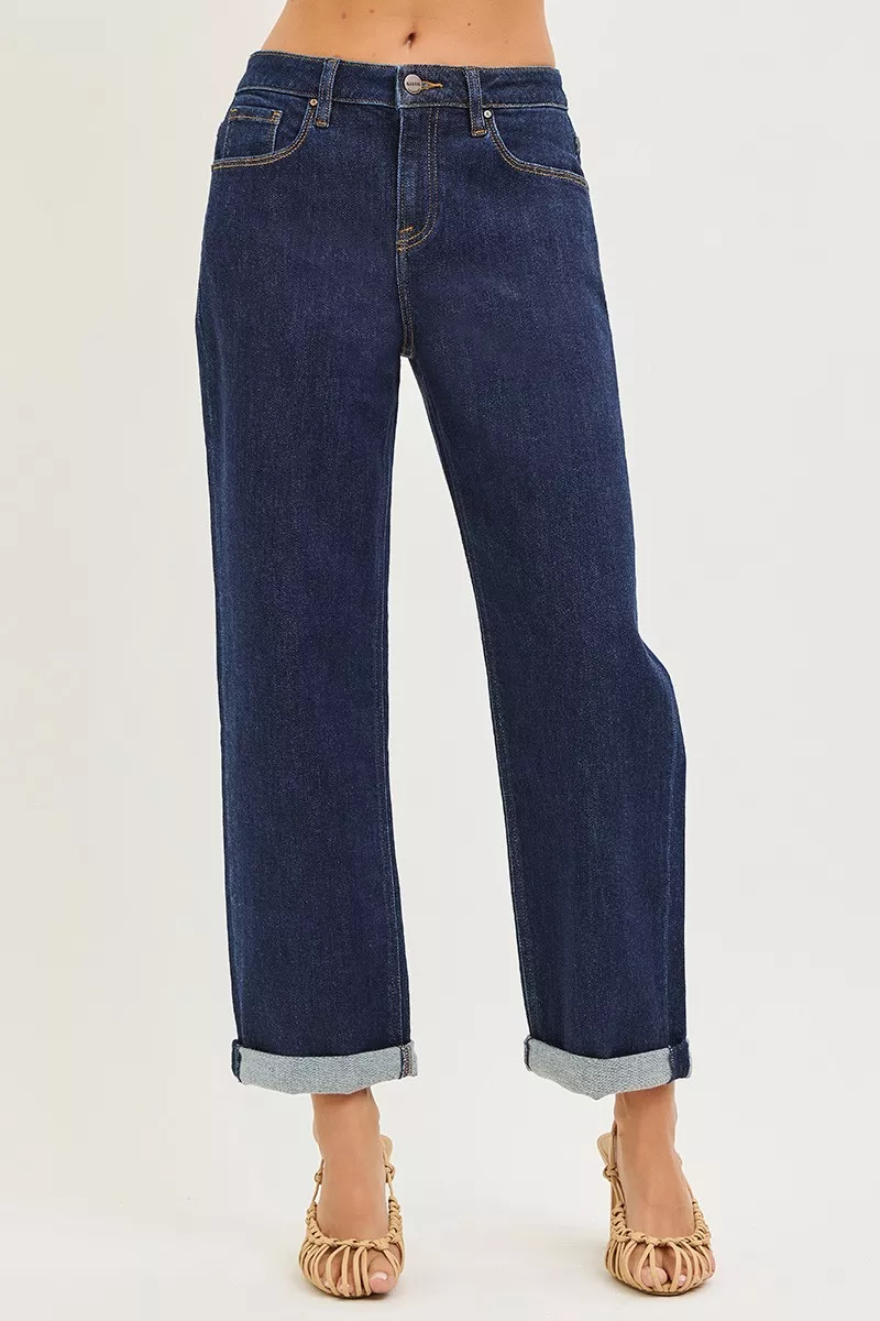 RISEN Slouchy cropped boyfriend jeans met omgeslagen zoom