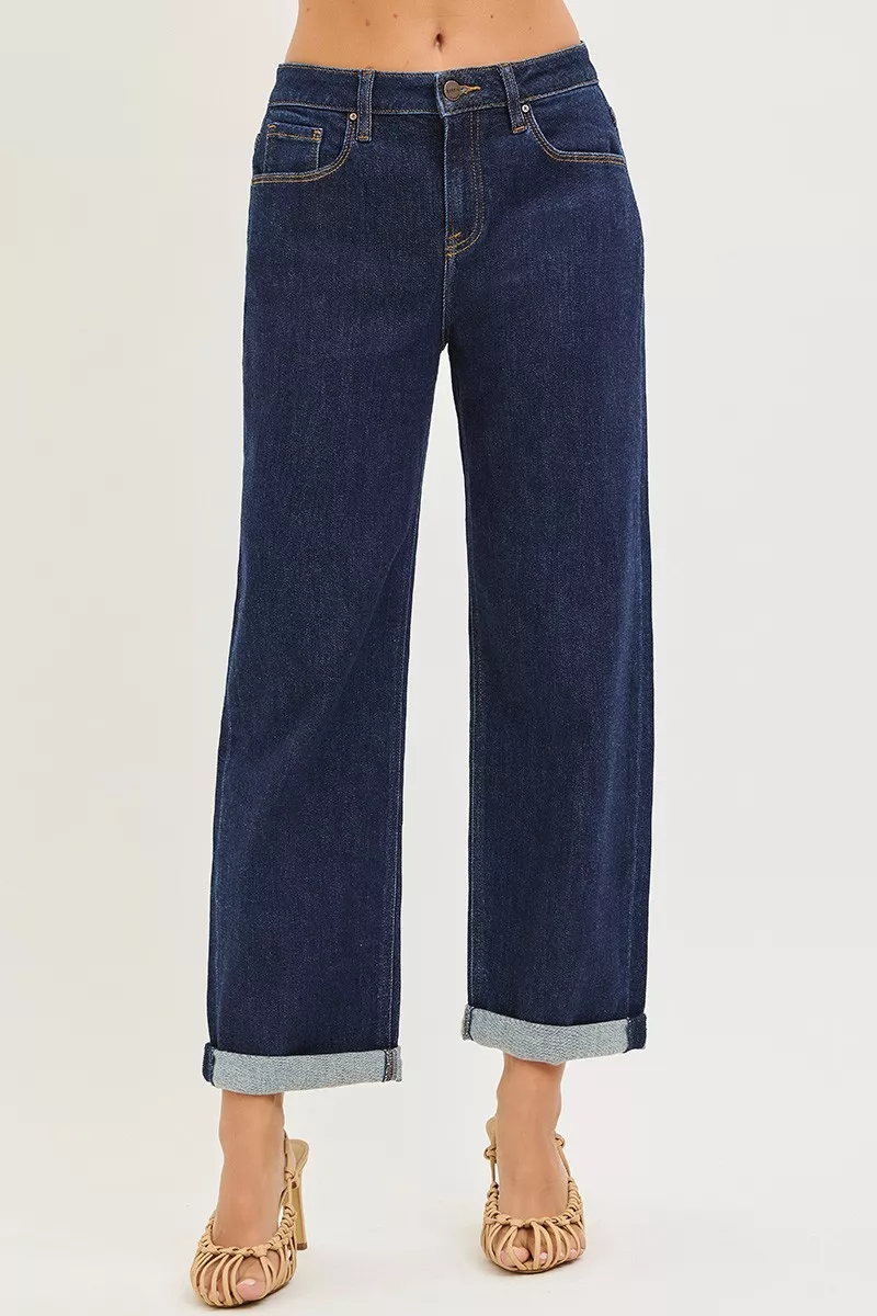 RISEN Slouchy cropped boyfriend jeans met omgeslagen zoom