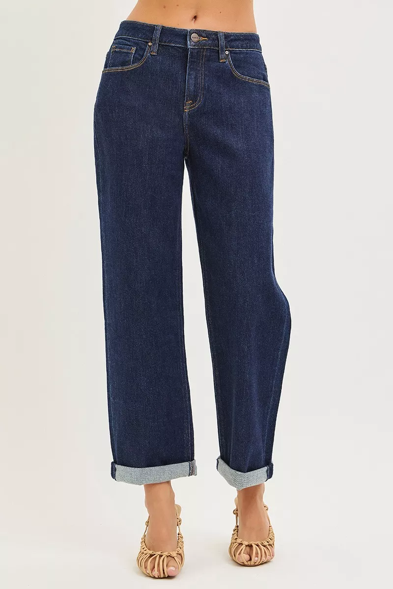 RISEN Slouchy cropped boyfriend jeans met omgeslagen zoom