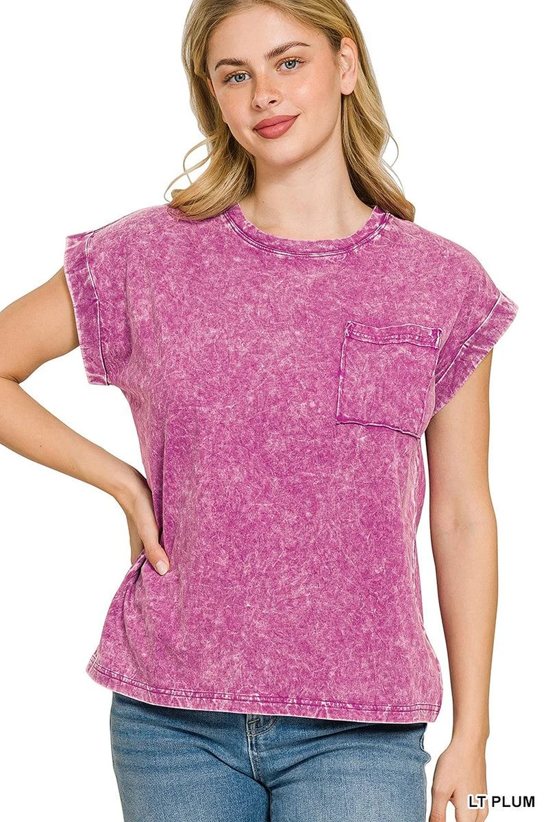 Dames T-shirt met relaxte pasvorm, plus size, vintage wassing, borstzak en opgerolde manchetten