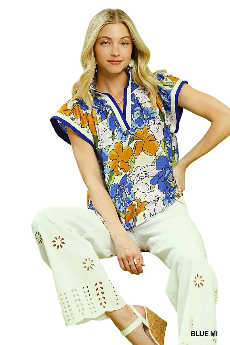 Blouse met bloemenprint en contrasterende bies - Lichtgewicht, stijlvolle casual top